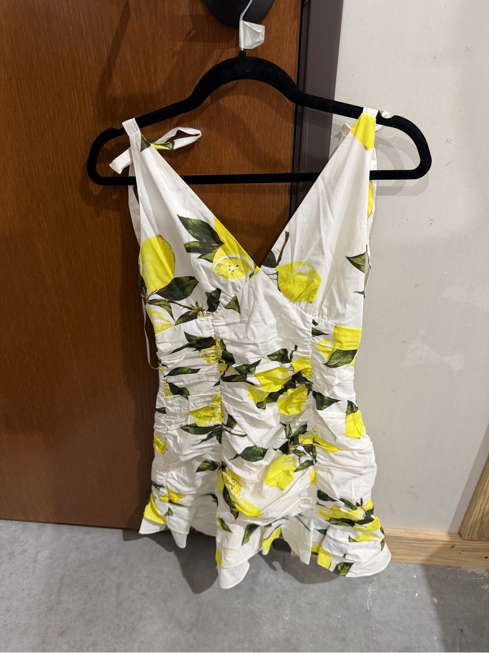 White Lemon-Print Mini Dress with V-Neck